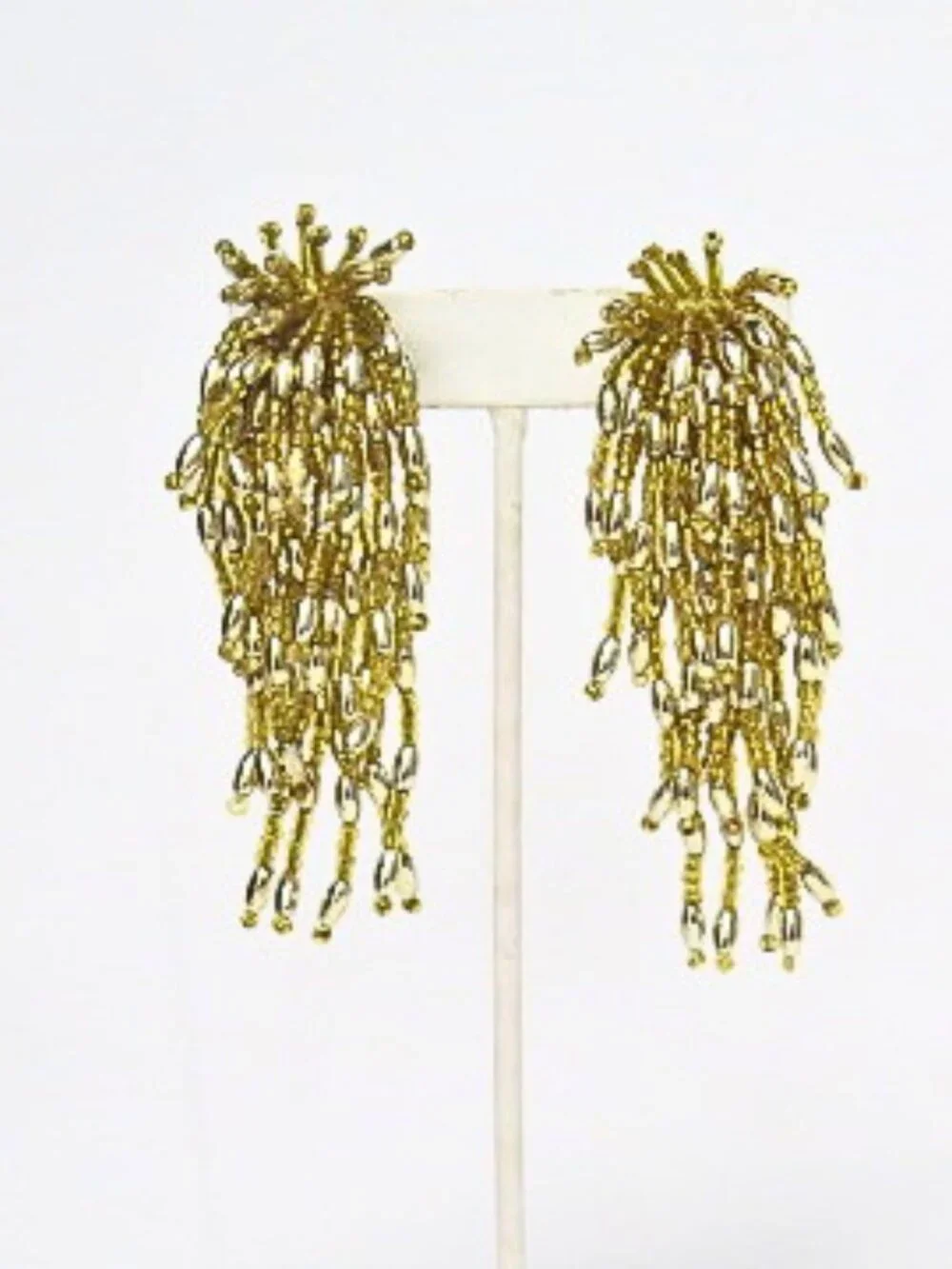 Vintage Gold Tone Waterfall Tassel Clip-On Earrings Statement Estate Jewelry